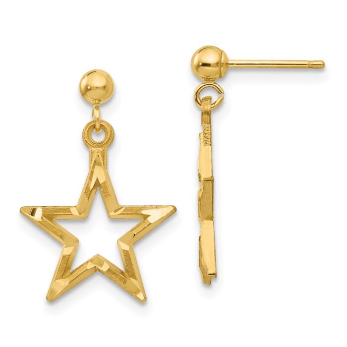 S1351 14K Polished & Diamond-cut Star Dangle Post Earrings