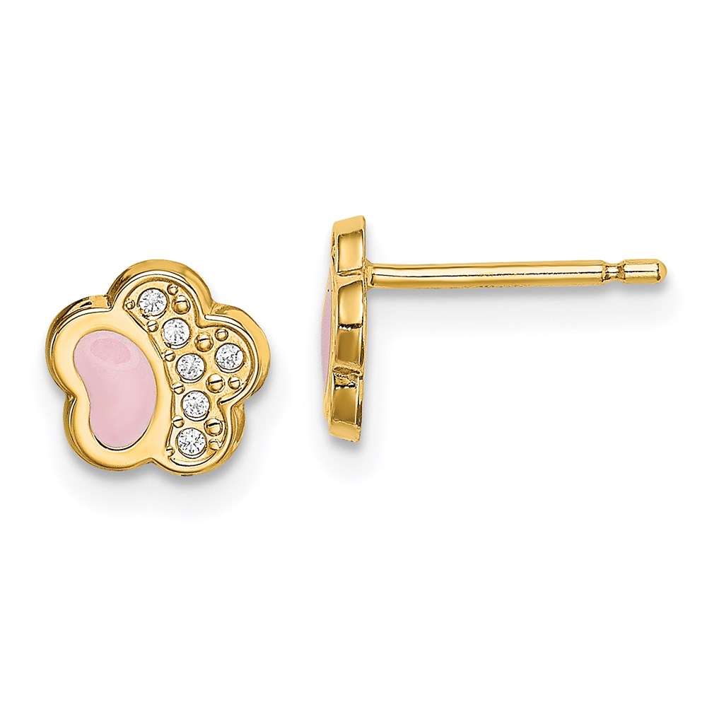 SE2895 14K Yellow Gold Madi K CZ Pink Enamel Paw Post Earrings