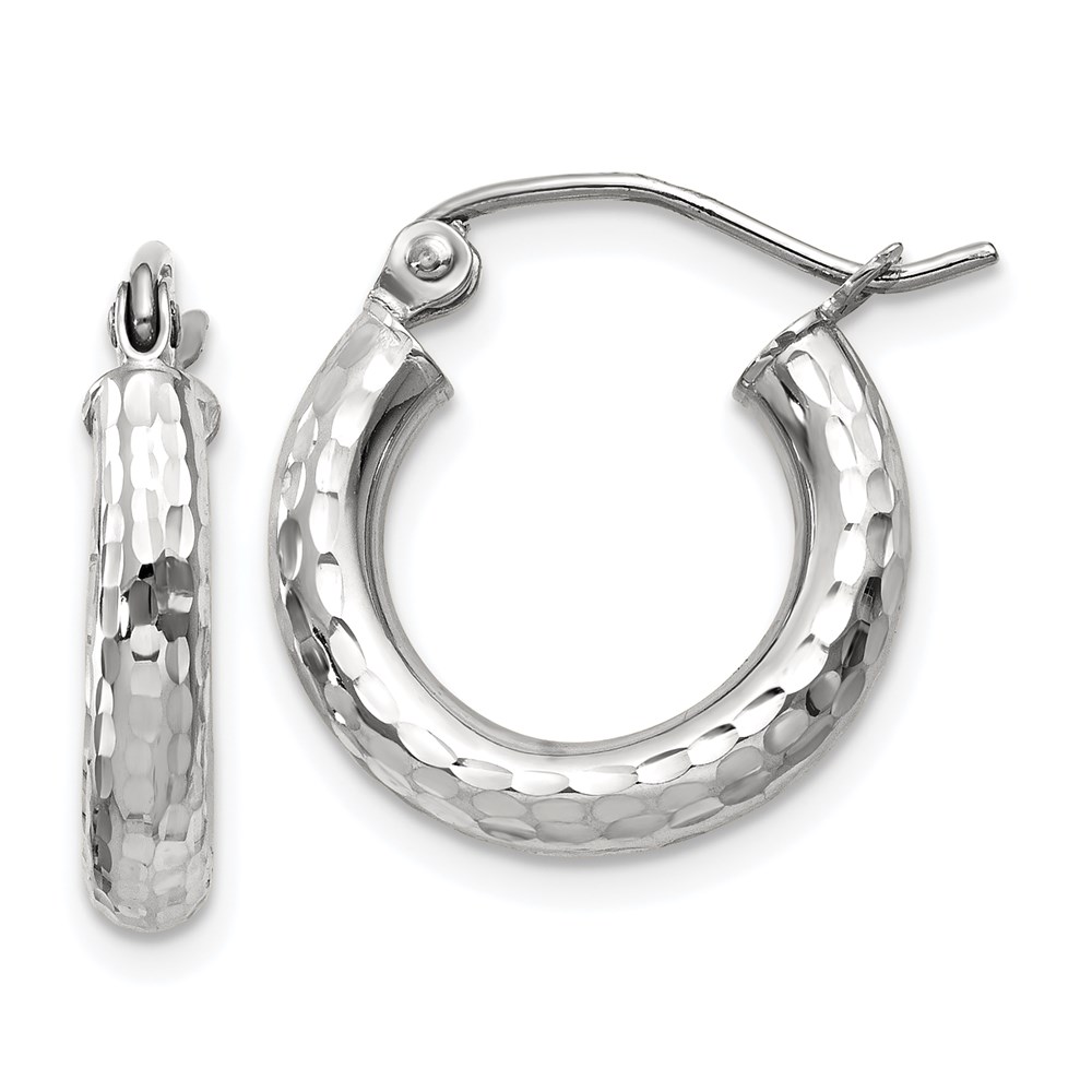 TC255 14K White Gold Diamond-Cut 3 mm Round Hoop Earrings