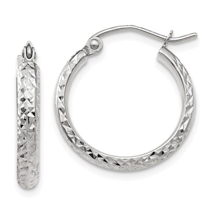 TC800 14K White Gold Diamond-Cut 2.8 x 18 mm Hollow Hoop Earrings