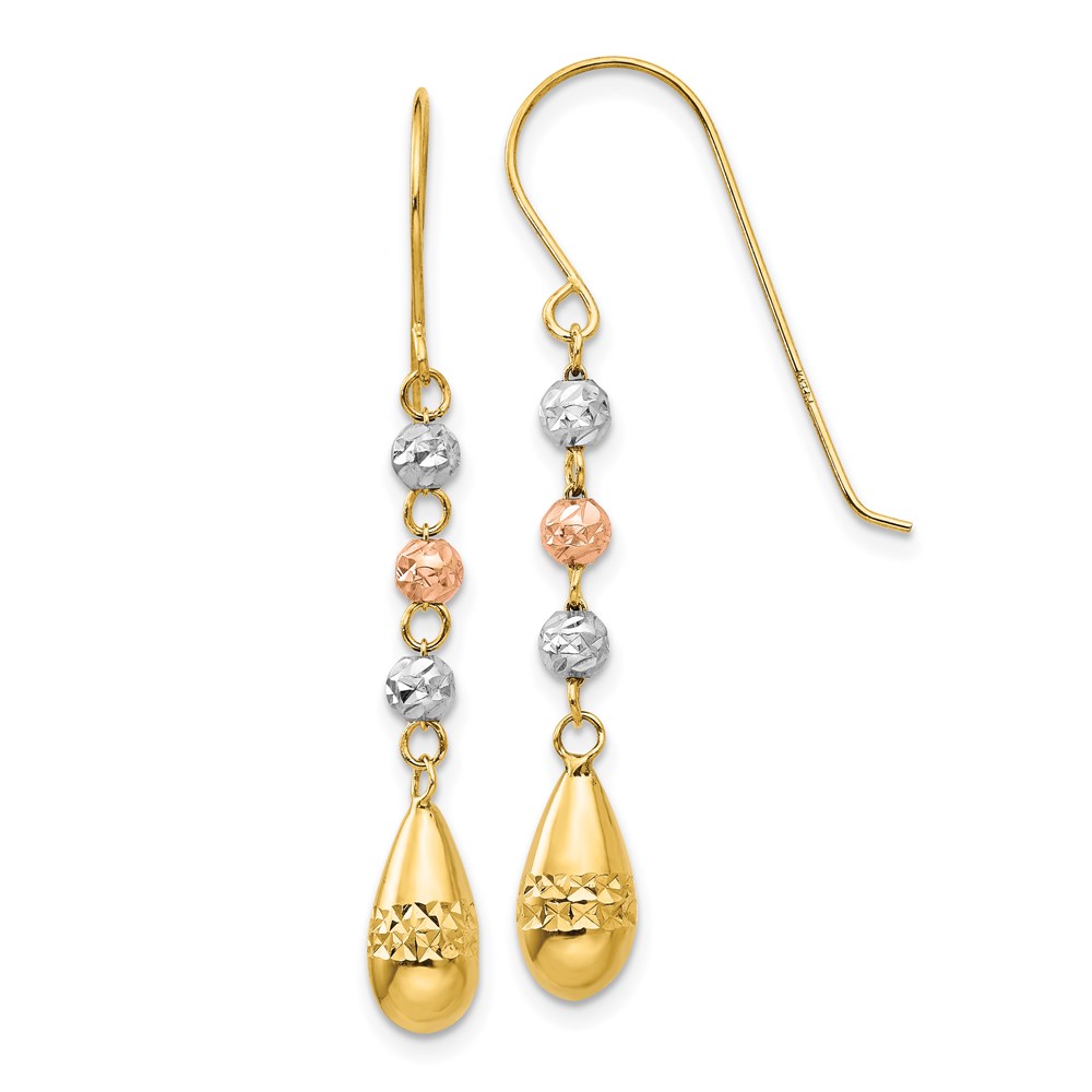 TL537 14K Tri-Color Diamond-Cut Teardrop Beaded Puff Dangle Earrings