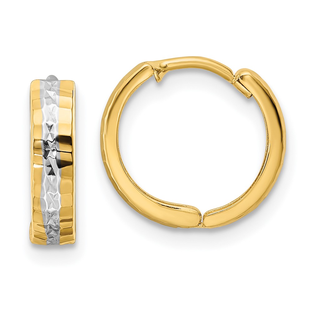 TM810 14K Yellow & Rhodium with Diamond-Cut 3 x 12 mm Hinged Hoop Earrings