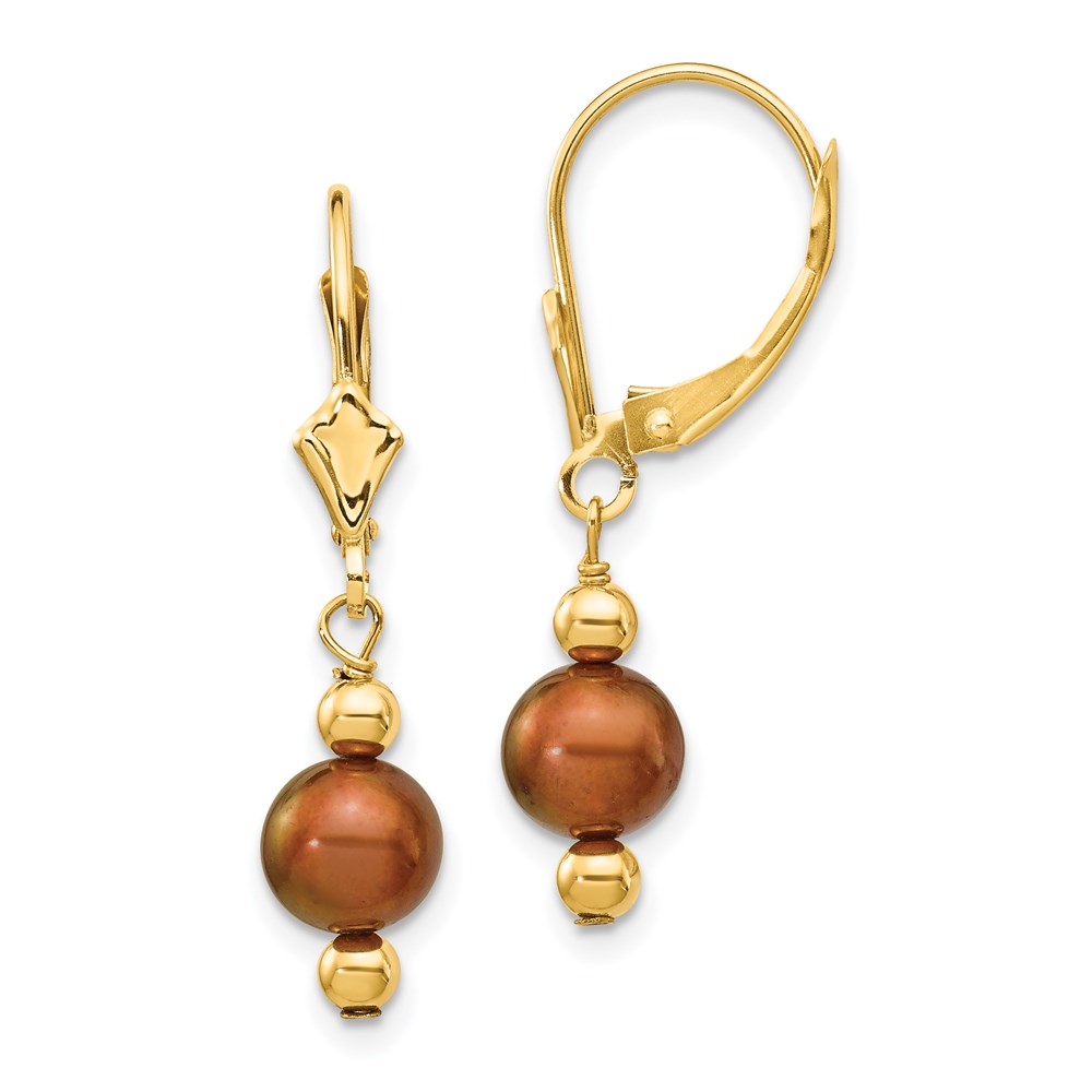 XF211 14K Yellow Gold 5-6 mm Semi-round Coffee Brown Freshwater Cultured Pearl Leverback Earrings