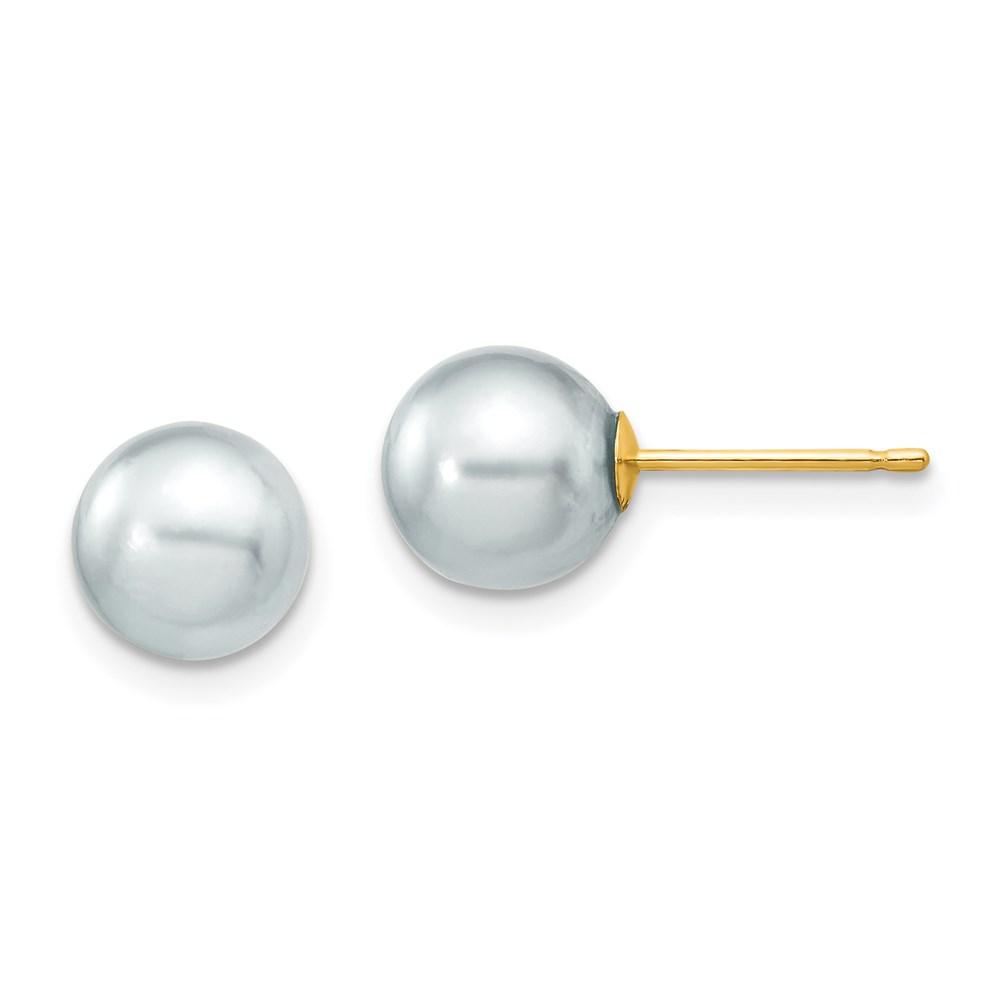 XF291E 14K Yellow Gold 7-8 mm Round Grey Saltwater Akoya Cultured Pearl Stud Post Earrings