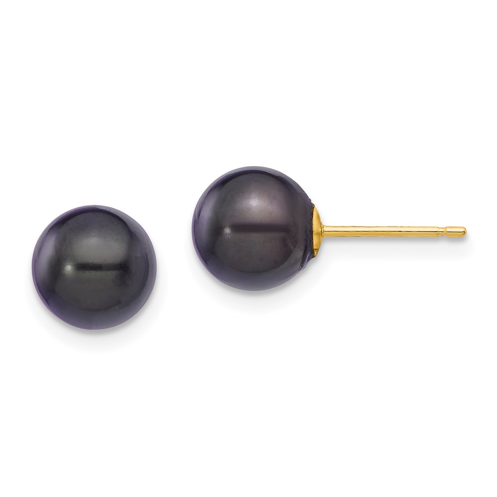 XF329E 14K Yellow Gold 7-8 mm Round Black Saltwater Akoya Cultured Pearl Stud Post Earrings