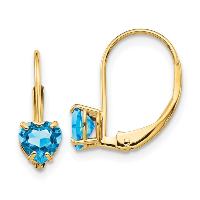 XLB120BT 14K Yellow Gold 5 mm Heart Blue Topaz Leverback Earrings