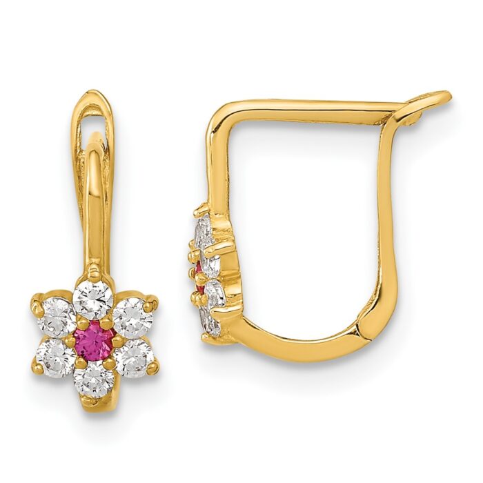 YE2082 14K Yellow Gold Polished Red & White CZ Flower Hoop Earrings